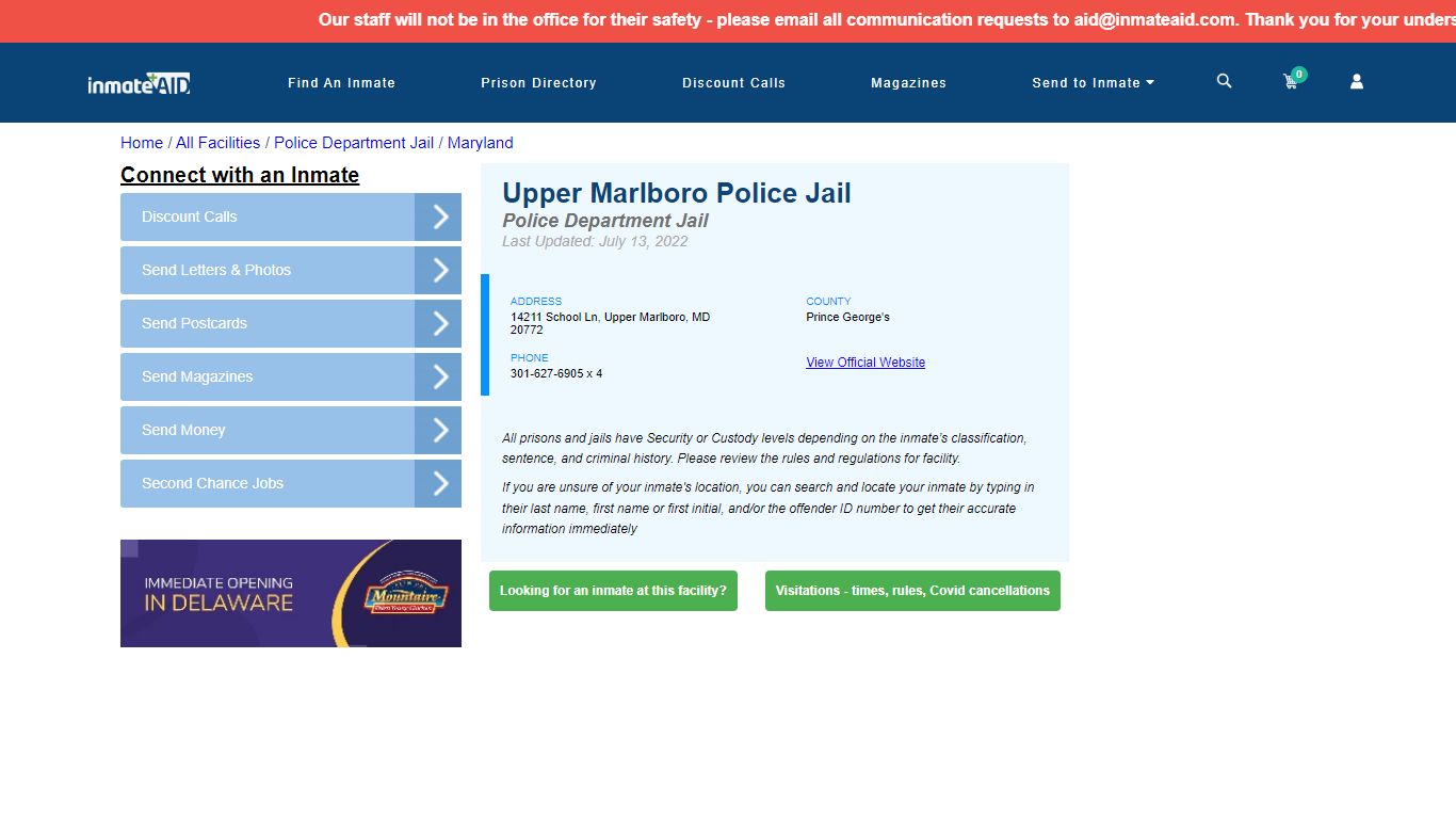 Upper Marlboro Police Jail & Inmate Search - Upper ...